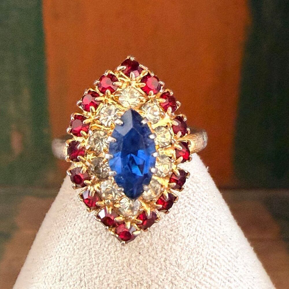 Vintage Blue Red Rhinestone Cocktail Ring